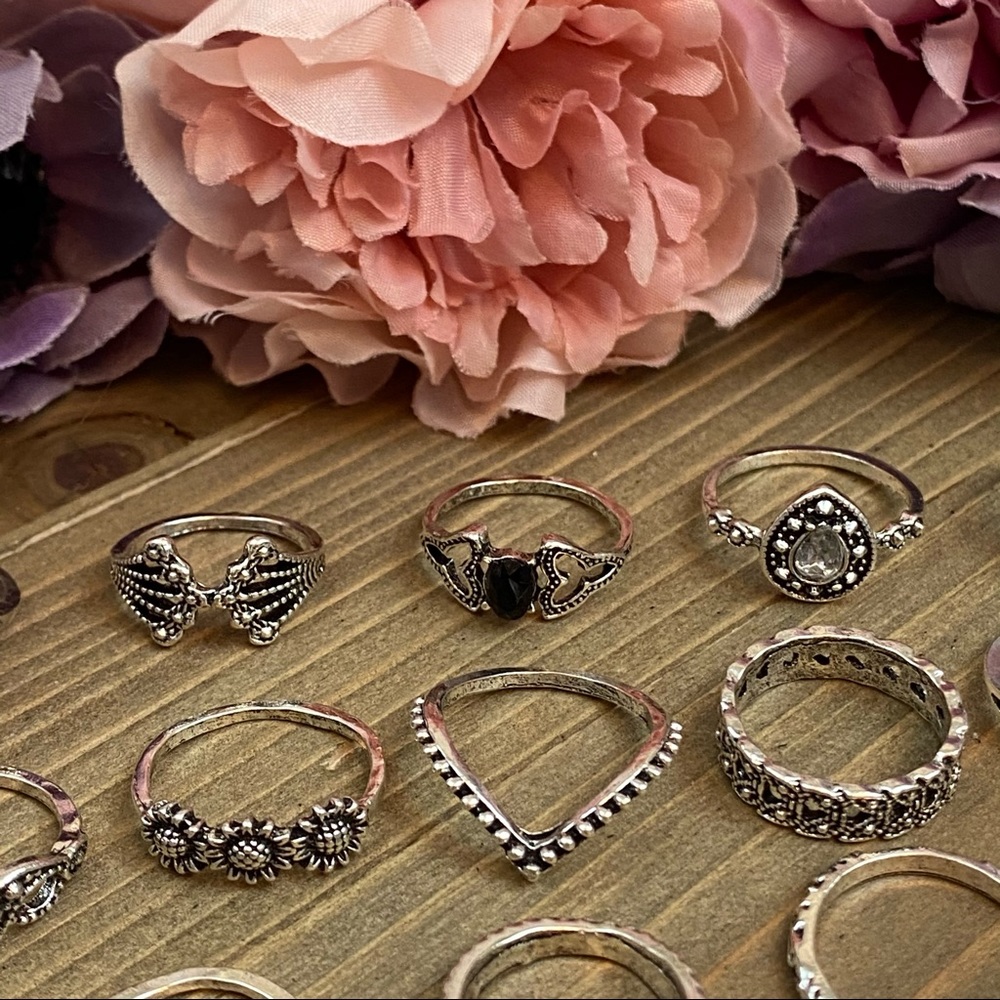 15 Pcs Boho Retro Vintage Crystal Gem Ring Set - Picture 13 of 16